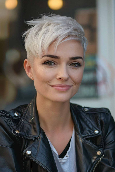 Womans Pixie Haircut, Women Cropped Hair, Feather Pixie Haircut, Long On Top Pixie Haircut, White Hair Pixie Cut, Pixie Hairstyles Fine Hair, Short Hair Thinning Hair For Women, Womens Faux Hawk, Pixie Haircut Undercut Shaved Sides