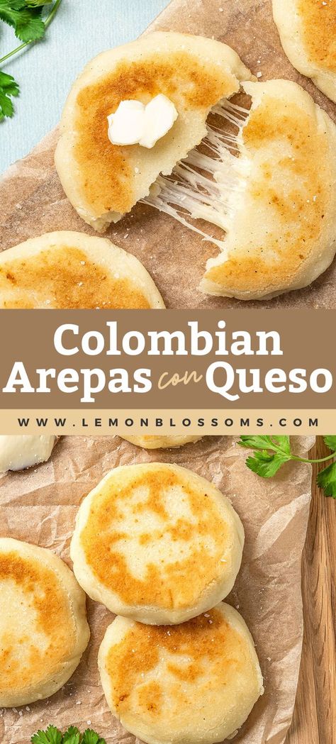 Cheese Arepas Recipe, Cheese Arepas, Columbian Recipes, Arepas Recipe, Cozy Brunch, Colombian Food, Lemon Blossoms, Corn Cakes, Hispanic Food