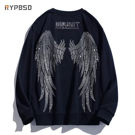 Rhinestone Sweatshirt, Wings Black, Hip Hop Hoodies, Punk Vintage, Y2k Clothing, Punk Outfits, Black Sweatshirt, Sweatshirts Online, Sweater Material