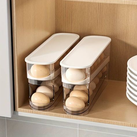 2 tier Egg Holder Automatic Roll Double layer Egg Holder - Temu Netherlands Duck Egg Kitchen, Egg Organizer, Egg Container, Kitchen Fridges, Space Saving Kitchen, Egg Storage, Refrigerator Storage, Fridge Organization, Kitchen Refrigerator