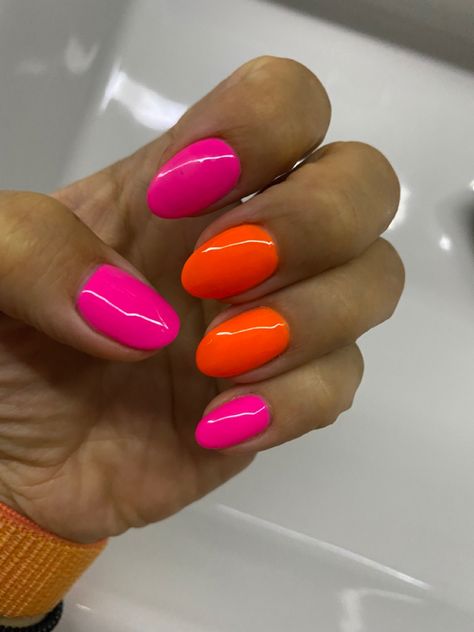 Fluorescent Orange Nails, 2024 Dip Nail Trends, Pink And Orange Gel Nails, Short Bright Nails, Hot Pink And Orange Nails, Bright Fun Nails, Nail Candy, Cute Gel Nails, Summer Acrylic Nails