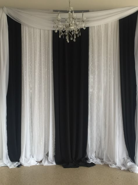 Pipe and drape backdrop with beaded curtain - Small Available colours - White, black, ivory, and blush pink Backdrop Draping, Drape Backdrop, Pipe And Drape Backdrop, Black And White Wedding Theme, Black White Parties, Beaded Curtain, White Wedding Theme, Prom Decor, Prom Theme