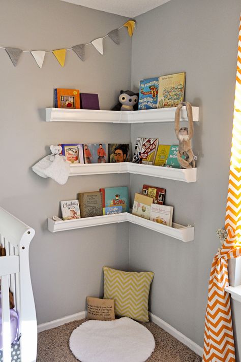 Rain Gutter Shelves nursery book corner Boy Toddler Bedroom, Baby Nursery Inspiration, Nursery Bookshelf, Toddler Rooms, Wall Bookshelves, Nursery Baby Room, Toddler Bedrooms, Children Room, Estantes Flotantes