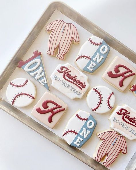 Rookie Year Cookies Baseball, Rookie Year Cupcakes, Vintage Baseball Cookies, Baseball Party Cookies, Rookie Year Bday Party, Rookie Year First Birthday Cookies, First Birthday Rookie Of The Year, Rookie If The Year First Birthday, 1st Birthday Rookie Year