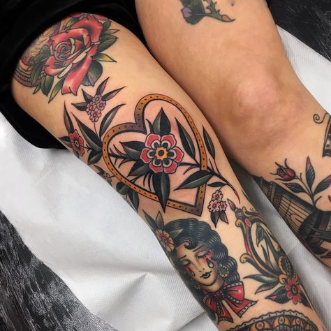 Traditional Tattoo Leg Sleeve, Traditional Heart Tattoos, Tattoo Thoughts, Traditional Style Tattoo, Cross Tattoos, Gucci Flora, Traditional Tattoo Sleeve, Old School Tattoo Designs, Leg Tattoos Women