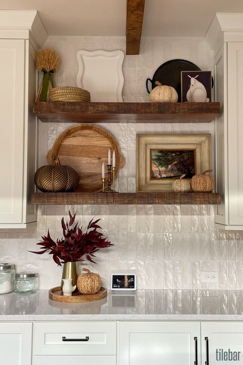 A perfectly executed kitchen renovation by Gloria Park. We love the use of distressed wood against the satin finish of this ceramic subway tile from the Montauk Collection. Shop now: www.tilebar.com/montauk-gin-2x8-ceramic-wall-tile-satin.html Montauk Tile Kitchen, Montauk Gin Tile Backsplash, Distressed Subway Tile Backsplash, Montauk Gin Tile, Rustic Subway Tile, Modern Kitchen Tile Floor, White Subway Tiles Kitchen Backsplash, Modern Kitchen Flooring, Modern Kitchen Backsplash