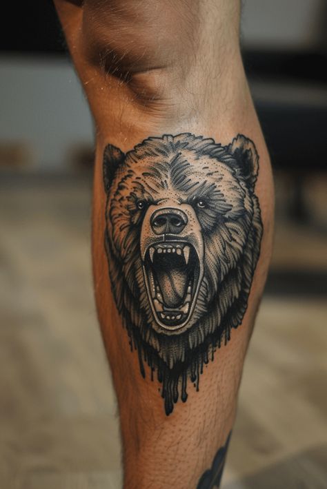 Fierce Bear Tattoo Ideas With Strong Symbolism Scary Bear Tattoo, Bear Tattoos For Men Arm, Bear Back Tattoo, Angry Bear Tattoo, Bear Tattoo Stencil, Bear Tattoos For Men, Bear Tattoo Ideas, Grizzly Bear Tattoos, Black Bear Tattoo