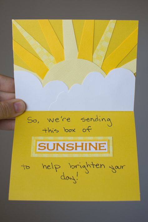 Box of Sunshine Box Of Sunshine Gift, Sunshine Care Package, Sunshine Box, Sunshine Card, Box Of Sunshine, Secret Sisters, Sunshine Birthday, Creative Box, Folded Book Art