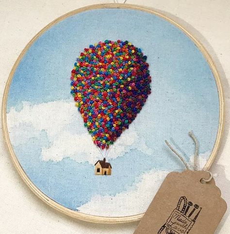 Up Movie Embroidery, Up House Embroidery, French Knot Embroidery Designs Ideas, Nerdy Embroidery, Movie Embroidery, Up Embroidery, Embroidery Hoop Art Diy, Cushion Embroidery, French Knot Embroidery