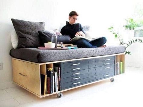 Double Duty Furniture, Sofa Futon, Flat Files, Diy Furniture For Small Spaces, Multipurpose Furniture, Diy Sofa, Plywood Furniture, Guest Bed, Multifunctional Furniture