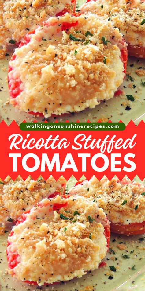 Browsing for summer appetizers for a party? Here's a cheesy stuffed tomato to impress your guests. These ricotta-stuffed tomatoes are the BEST Italian appetizer you'll ever consume! Pin this buttery recipe now! Roasted Stuffed Tomatoes Cottage Cheese, Stuffed Roma Tomatoes, Blt Stuffed Cherry Tomatoes, Romantic Side Dishes, Ricotta And Tomatoes, Italian Stuffed Tomatoes, Rice Stuffed Tomatoes, Appetizers With Tomatoes, Baked Tomatoes Recipes