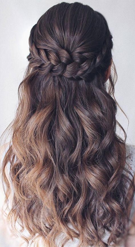 halo braid half up, half up half down hairstyle, wedding hair do #halfup #halfuphalfdown #weddinghairstyles Bridemaids Hairstyles, Bridesmaid Hair Long, Side Braid Hairstyles, Baby Rose, Half Up Half Down Hairstyles, Prom Hair Down, Braided Half Up, Quince Hairstyles, Long Hair Wedding Styles