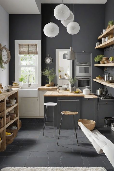 charcoal wall paint, white rug, kitchen wall paint, interior design and white rug Charcoal Painted Walls, Gray Walls In Kitchen, Grey Paint Kitchen, Dark Grey Kitchen Walls, Gray Kitchen Walls, Grey Painted Floor, Grey Painted Kitchen, Grey Kitchen Walls, Gray Backsplash