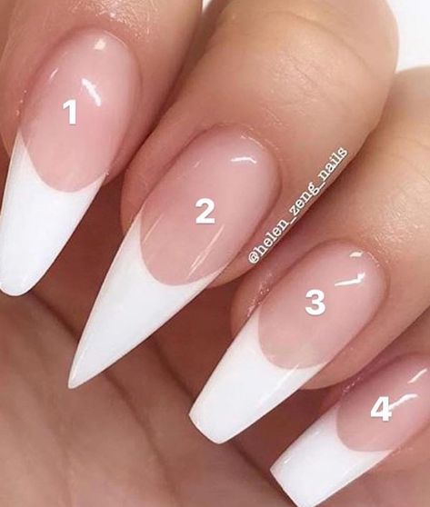 Acrylic Nail Styles | Different Types of Acrylic Nails | Coffin Square Stiletto Rounded Nails | Which Nail is your favorite | Clear Pink Nails white White Tips #nails #acrylic #longnails #stiletto #square #coffinnails Pin: @amerishabeauty French Tip Nails Round Shape, How To File Almond Nails Shape, Pointy French Tip Nails, Acrylic French Manicure, Gel Pedicure, French Pedicure, Acrylic Nail Shapes, Nail Type, French Tip Acrylic Nails