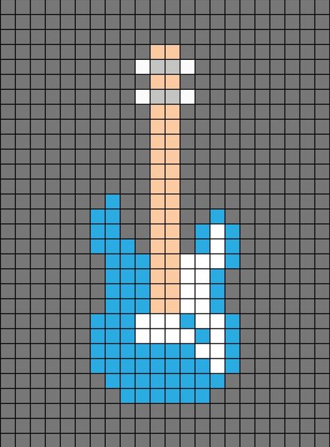 A pixel art template of a cyan, white a peach electronic guitar. Perler Bead Patterns Guitar, Perler Bead Instruments, Electric Guitar Perler Beads, Electric Guitar Pixel Art, Chemistry Pixel Art, Guitar Perler Beads, Guitar Pixel Art, Pixel Guitar, Band Pixel Art