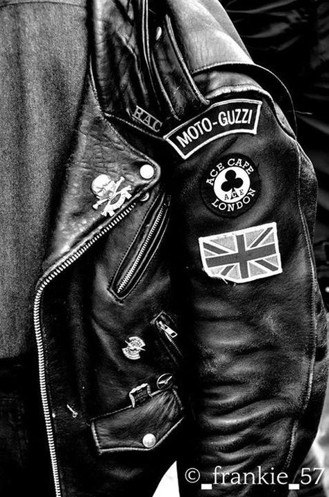 Leather jacket, UK, Moto Guzzi, rocker, cafe Mens Motorcycle Jackets, Tatto Boys, Moto Guzzi Cafe Racer, Jacket Patches, Boy Bike, Cafe Racer Jacket, Cafe Racing, Biker Gear, Cafe Racer Motorcycle