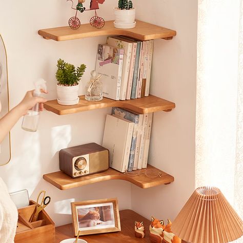 Cute Corner Shelves, L Shaped Corner Shelf, Cute Wooden Shelf, L Shape Shelves, Small Bedroom Floating Shelves, Corner Floating Shelves Bedroom, L Shaped Shelf, Cute Shelf Decor, Corner Self