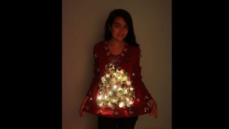 Christmas Sweater With Lights, Fun Christmas Outfits, Light Up Christmas Sweater, Ugly Christmas Sweater Outfit, Ugly Christmas Tree, Christmas Tree Light Up, Light Up Clothes, Diy Christmas Sweater, Christmas Sweater Outfits