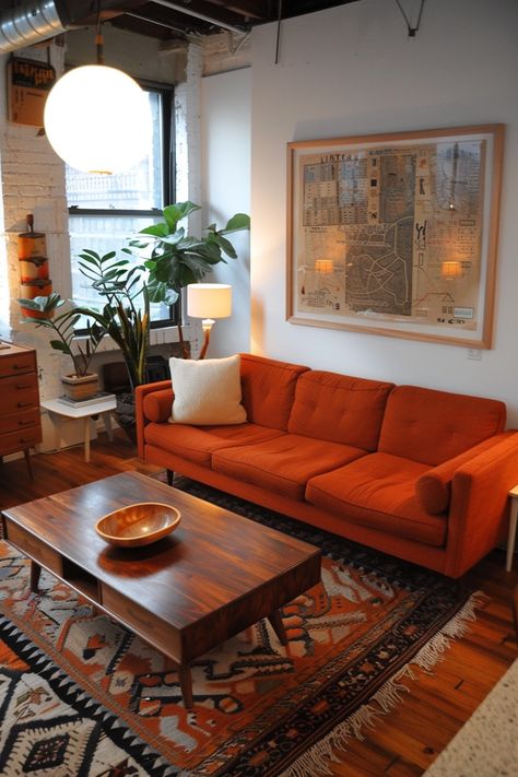 12 Retro and Stylish Mid-Century Modern Living Rooms – TastyInteriors Orange Couch Aesthetic, Red Living Room Decor, Mcm Living Room, Retro Living Rooms, Living Room Red, Mid Century Living Room, Mid Century Modern Living Room, Hall Decor, Home Entrance Decor