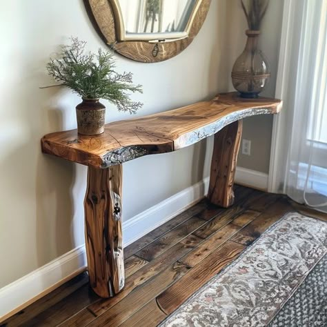 Pallet Entry Table Diy, Live Edge Decor, Live Edge Entry Table, Live Edge Wood Projects, Home Entry Decor, Wood Console Table Entryway, Ideas Recibidor, Wood Hallway, Live Edge Console