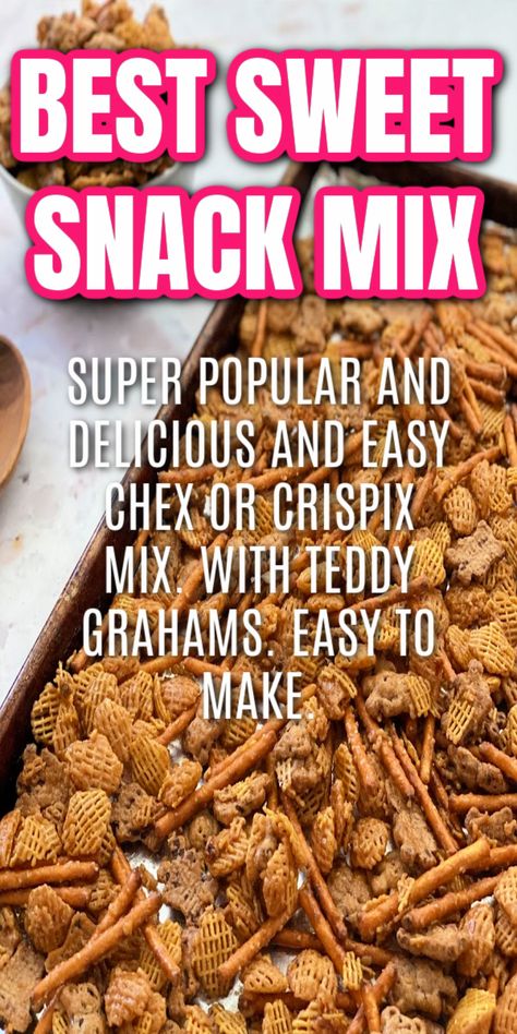 Delcious sweet and salty snack mix. With Teddy grahams, chex or crispix, pretzels, nuts if you want and a tasty brown sugar caramel sauce. Snack Mix With Teddy Grahams, Brown Sugar Chex Mix Recipes, Sweet Chex Mix Recipes Brown Sugar, Sweet Snack Mixes For A Crowd, Sweet Chex Mix Recipes Easy, Teddy Graham Snack Ideas, Sweet And Salty Snack Mix Recipes, Chex Mix Recipes Sweet And Salty, Sweet Chex Mix Recipes