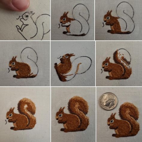 Squirrel Embroidery Pattern, Skunk Embroidery, Animal Embroidery Simple, Embroidery Animals Easy, Embroidery Patterns Animals, Embroidered Squirrel, Squirrel Embroidery, Embroidery Nature, Cushion Embroidery