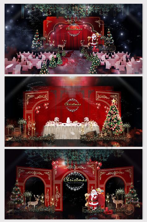 simple european light luxury retro red christmas theme renderings Luxury Christmas Party, Red Christmas Theme, Christmas Venue, Christmas Stage Decorations, Simple European Style, Christmas Stage Design, Elf Stuff, Decor Natal, Christmas Party Backdrop