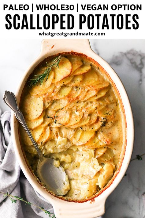 Whole 30 Recipes Sides, Paleo Scalloped Potatoes, Whole 30 Potatoes Recipes, Whole 30 Holiday Recipes, Paleo Potato Recipes, Meatless Whole 30 Recipes, Paleo Christmas Appetizers, Paleo Christmas Dinner, Vegan Whole 30 Recipes