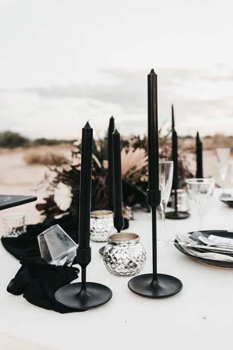 ✨ Black Candle Wedding, Winter Wedding Outdoor, Alternative Wedding Theme, Dark Wedding Theme, Winter Wedding Table, Black Wedding Decorations, Goth Wedding, Dark Wedding, Moody Wedding