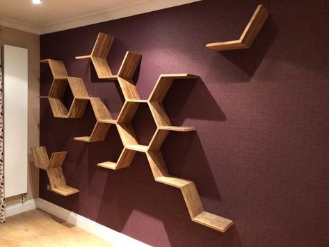 Hexagon Decoration, Hexagonal Design, Honeycomb Shelf, Hexagonal Shelves, Hexagon Interior Design, Hexagonal Shelves Decor, Geometric Shelving, Hexagon Book Shelves, Hexagon Design Interior