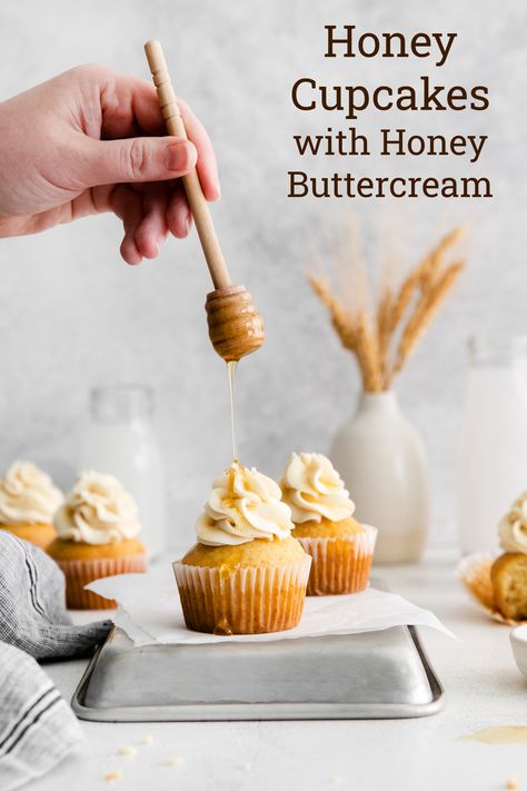 Honey Cake Cupcakes, Honey Butter Cupcakes, Honey Cupcakes With Honey Cream Cheese, Honey Themed Cupcakes, Honey Vanilla Buttercream, Lemon Honey Cupcakes, Organic Cupcakes Recipes, Honey Cake Filling, Bakery Style Cupcake Recipes