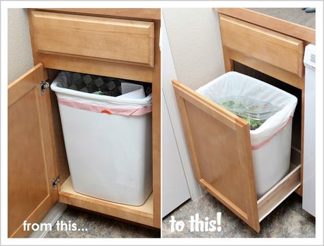 Our Modern Homestead: DIY Pull-out Trash Drawer (note to self... Add elastic to prevent sliding about) Trash Can Drawer, Trash Drawer, Homestead Diy, Vestidos Sport, Pull Out Trash Cans, Trash Can Cabinet, Modern Homestead, Corner Kitchen, Hidden Kitchen