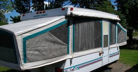 New screens, canvas repaired, awning fixed.   I'm finally posting photos of our old Bonair tent trailer that we sold last summer.  We ... Pop Up Tent Trailer, Travel Trailer Remodel, Tent Trailer, Popup Camper, Camper Makeover, Cape Cod House, Camper Renovation, Trailer Remodel, Pop Up Camper