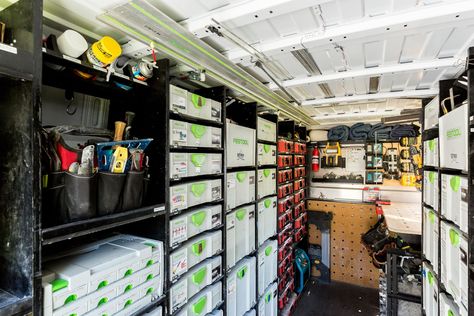 7 Rules For Organizing Your Work Van - This Old House Work Truck Organization, Work Truck Storage, Van Organization, Truck Organization, Van Shelving, Trailer Organization, Work Trailer, Work Van, How To Patch Drywall