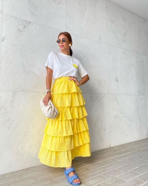 Tiered Maxi Skirt Outfit, Maxi Skirt Spring, Color Outfits, Spring Formal, Color Blocking Outfits, Flowing Fabric, Yellow Maxi, Ankle Length Skirt, Tiered Maxi Skirt