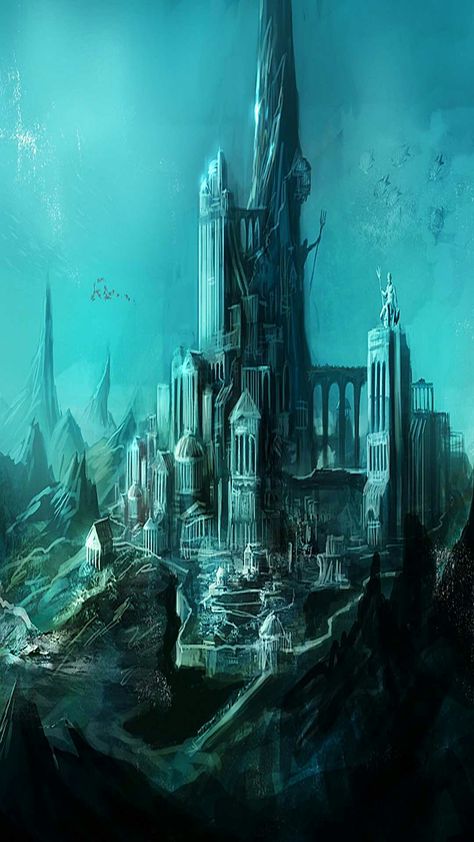 Underwater Castle Fantasy Art, Underwater House Fantasy Art, Atlantis Castle, Underwater City Fantasy Art, Elf City, Underwater House, Lost City Of Atlantis, Underwater City, Airplane Art