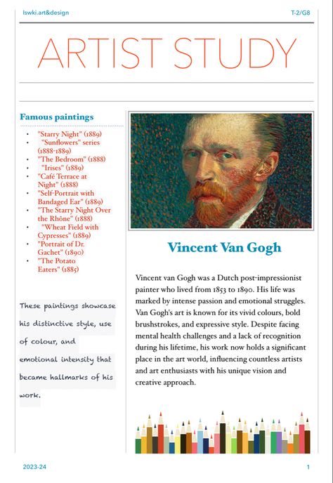 Vincent van Gogh was a Dutch post-impressionist painter who lived from 1853 to 1890. His life was marked by intense passion and emotional struggles. Van Gogh's art is known for its vivid colours, bold brushstrokes, and expressive style. Despite facing mental health challenges and a lack of recognition during his lifetime, his work now holds a significant place in the art world, influencing countless artists and art enthusiasts with his unique vision and creative approach. Van Gogh Gcse Art Page, Van Gogh Gcse Art, Vincent Van Gogh Gcse Art Page, Vincent Van Gogh Artist Research Page, Mental Health Artists Gcse, Van Gogh Artist Research Page, Artist Research Page, Gcse Sketchbook, فنسنت فان جوخ