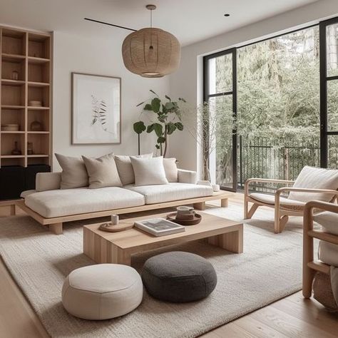 Interior For Small House, Bali Style Home Living Rooms, Muji House Design, Artsy Living Room, Muji Style Interior, Nordic Home Design, White Sitting Room, Japandi Modern, Modern Japanese Interior