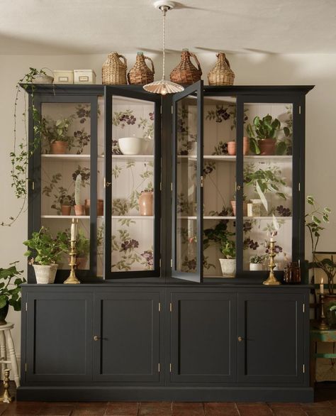 Black China Cabinet, Black China, Devol Kitchens, Painted Cupboards, Kitchen Trends, Cheap Decor, Flipping Furniture, Glass Doors, Cheap Home Decor