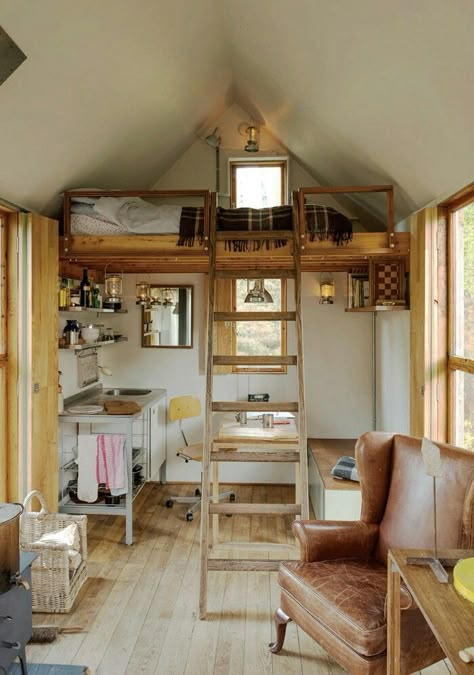 Small Studio With Loft, Tiny House Bed Loft, Shed House Loft, Tiny Home Loft Bed, She Shed With Loft, Tiny House Shed Conversion, Tiny Home Loft, Shed With Loft, Forest Clearing