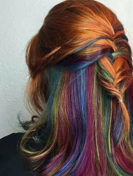 Auburn Hair With Color Blocking, Multicolor Peekaboo Hair, Jewel Tone Rainbow Hair, Copper And Vivid Hair, Red Rainbow Hair, Brown Hair Rainbow Highlights, Red Hair Peekaboo Highlights, Oil Spill Hair Blonde, Muted Rainbow Hair