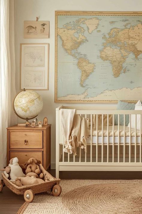 Travel-inspired nursery with vintage world map, natural wood furniture, and cozy, neutral decor. Maps Nursery Theme, Nursery Ideas World Map, World Map Nursery Theme, Airforce Nursery, Gender Neutral Travel Themed Nursery, Nursery Ideas Travel Theme, World Travel Nursery Theme, Gender Neutral Travel Nursery, Travel Nursery Ideas