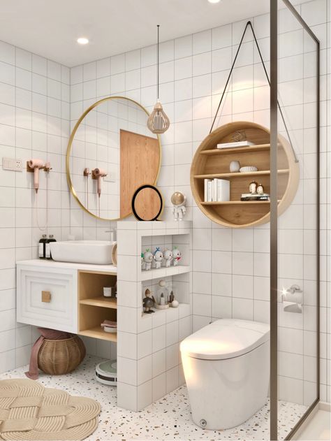 Clean & Bright Bathroom, with Half-wall Separating Wet and Dry Zones | TONA Bath Moroccan Inspired Bathroom, Half Wall Ideas, Ideas For Bathrooms, White Square Tiles, Gray Bathroom Walls, Indoor Outdoor Bathroom, Tropical Bathroom, Half Walls, Bright Bathroom