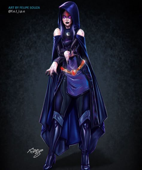 Raven Suit Design, Raven Outfit Ideas, Gabriel Picolo Raven And Beast Boy, Raven Character Design, Dc Raven, Raven Titans, Raven Outfits, Superhero Costumes Female, Dc Costumes