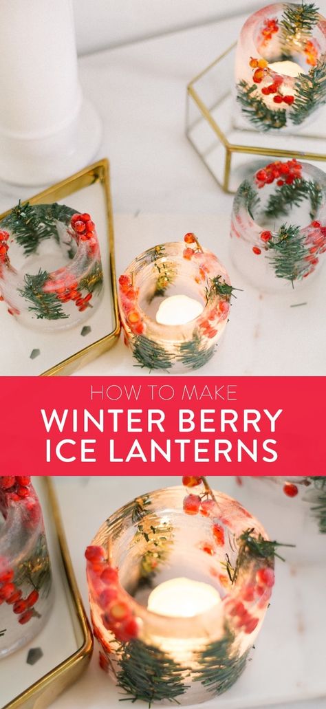 Ice ring lanterns are so beautiful for winter celebrations! Get the easy tutorial to create these pretty ice candleholders. You can make them with objects you already have in your kitchen, and a few foraged branches. They're practically free, and so pretty at weddings, receptions, front porches, and more! Perfect for Christmas or winter party ideas. Ice Lantern, Winter Party Ideas, Ice Lanterns, Ice Candle, Advent Ideas, Ice Ring, Fox Den, Porch Pumpkins, Lantern Ideas