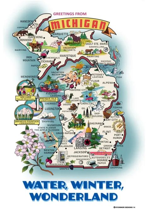 "20\" x 30\" Frame-able poster of Michigan in vintage post card style. Printed on heavy photographic paper" Michigan Animals, Northville Michigan, Michigan Poster, Michigan Fall, Frog Illustration, Presque Isle, Sublimation Ideas, America Map, Lake Boat