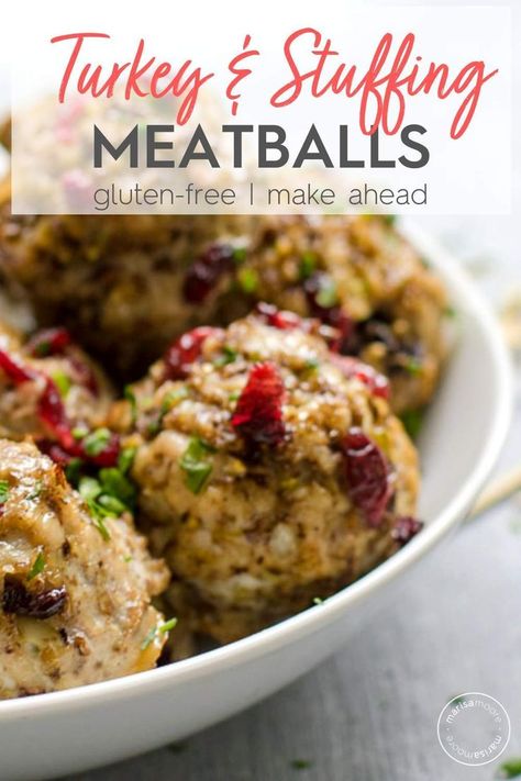 These Turkey and Stuffing Meatballs are Thanksgiving in a bite! Made with ground turkey, mushrooms and all the flavors of stuffing, these meatballs are perfect to make ahead, freeze well, and ready in under 30 minutes! Add them to your Friendsgiving menu or serve as a holiday party appetizer! #appetizers #healthyrecipes #Thanksgiving Turkey Stuffing Meatballs, Stuffing Meatballs, Friendsgiving Menu, Turkey And Stuffing, Appetizers Christmas, Thanksgiving Leftover Recipes, Thanksgiving Appetizer Recipes, Turkey Stuffing, Turkey Dishes