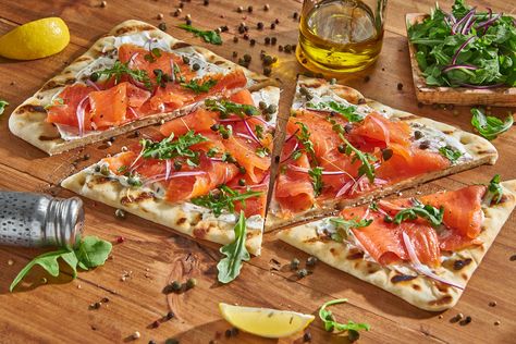 Ducktrap - Wild Cold Smoked Salmon Flat Bread Smoked Salmon Flatbread, Salmon Flatbread, Cold Smoked Salmon, Smoked Salmon Cream Cheese, Salmon Cream Cheese, Cheese Flatbread, Sockeye Salmon, Flatbread Recipes, Flat Bread