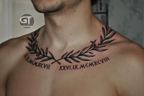 Collar Tatoos Men, Leaves Around Neck Tattoo Men, Laurel Wreath Back Tattoo, Large Rib Tattoo Men, Vines On Collar Bone Tattoo Men, Greek Leaf Tattoo Neck, Top Chest Tattoo For Men, Olive Branch Tattoo Mens Neck, Unborn Tattoo