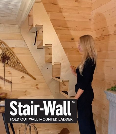 S A W M I L L S T R U C T U R E S on Instagram: “Sawmill Structures™ is very proud to introduce our patent pending wall mounted fold out stair/ladder! Meet Stair-Wall™ Stair Wall™ is the…” Stairs That Fold Against The Wall, Folding Stairs Space Saving, Ladder On Wall, Stairs For Small Spaces, Folding Staircase, Folding Attic Stairs, Foldable Stairs, Retractable Stairs, Small Loft Apartments